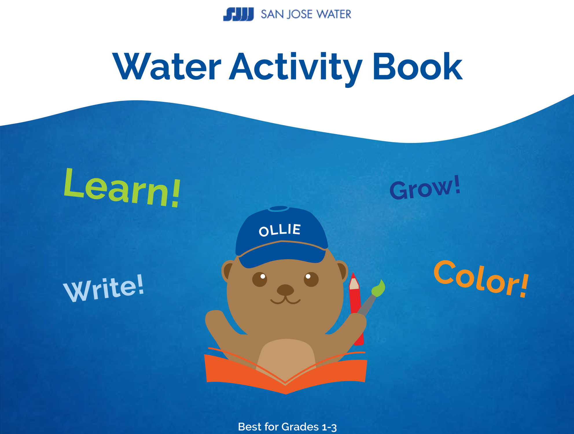 SJW Kids Activity Book Grade 1-3 Cover of Ollie the Otter with a pen and booklet open