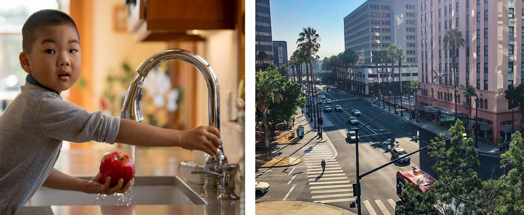 side by side image of a child cleaning an apple and city street/buildings