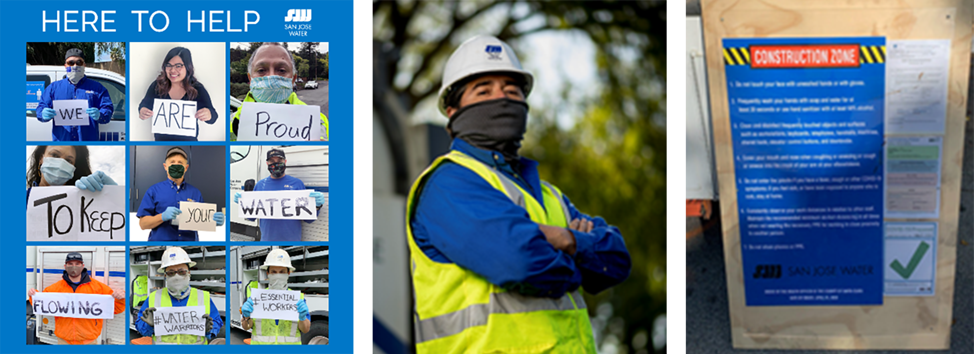 three images of employees and a construction zone poster