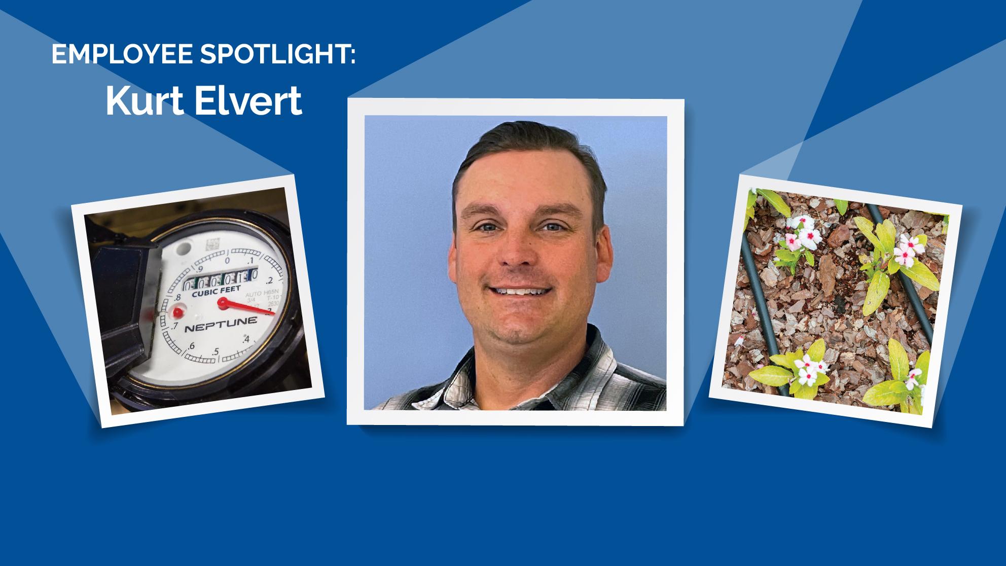 headshot of Kurt Elvert along side a water meter and water irrigation hoses