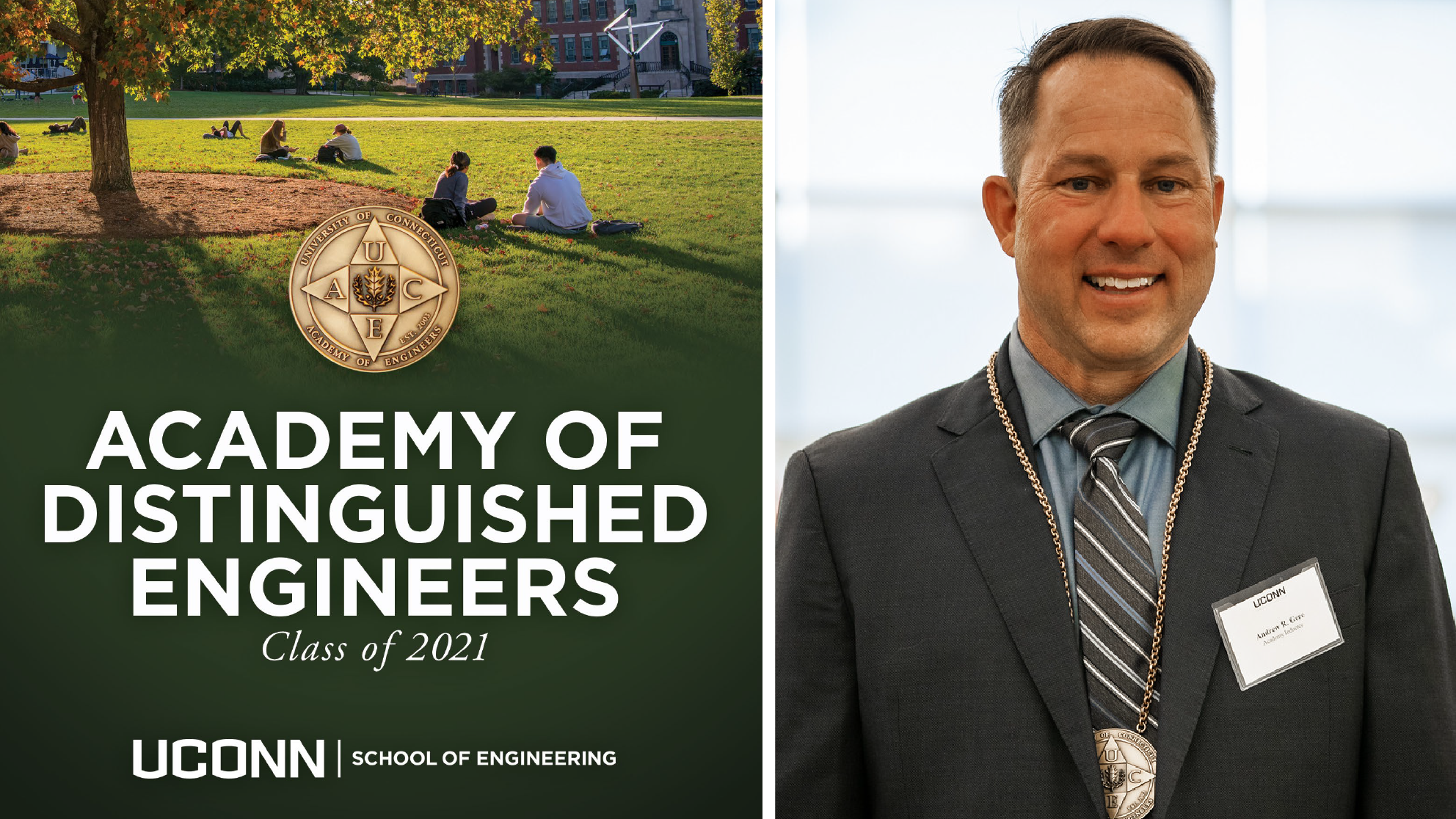 Headshot of Andy Gere with text that reads Academy of Distinguied Engineers Class of 2021 UCONN School of Engineering