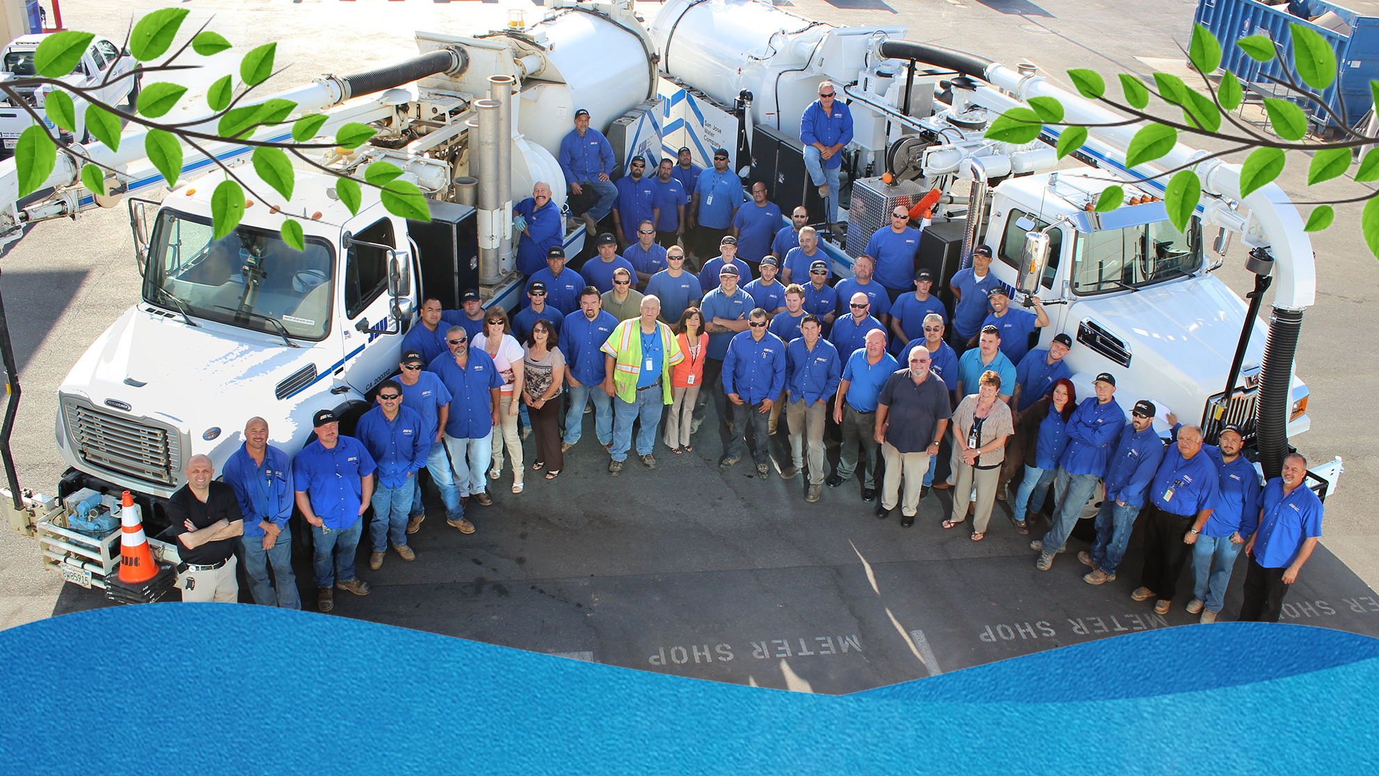 SJW fleet drivers standing in front of trucks with green tree overlay