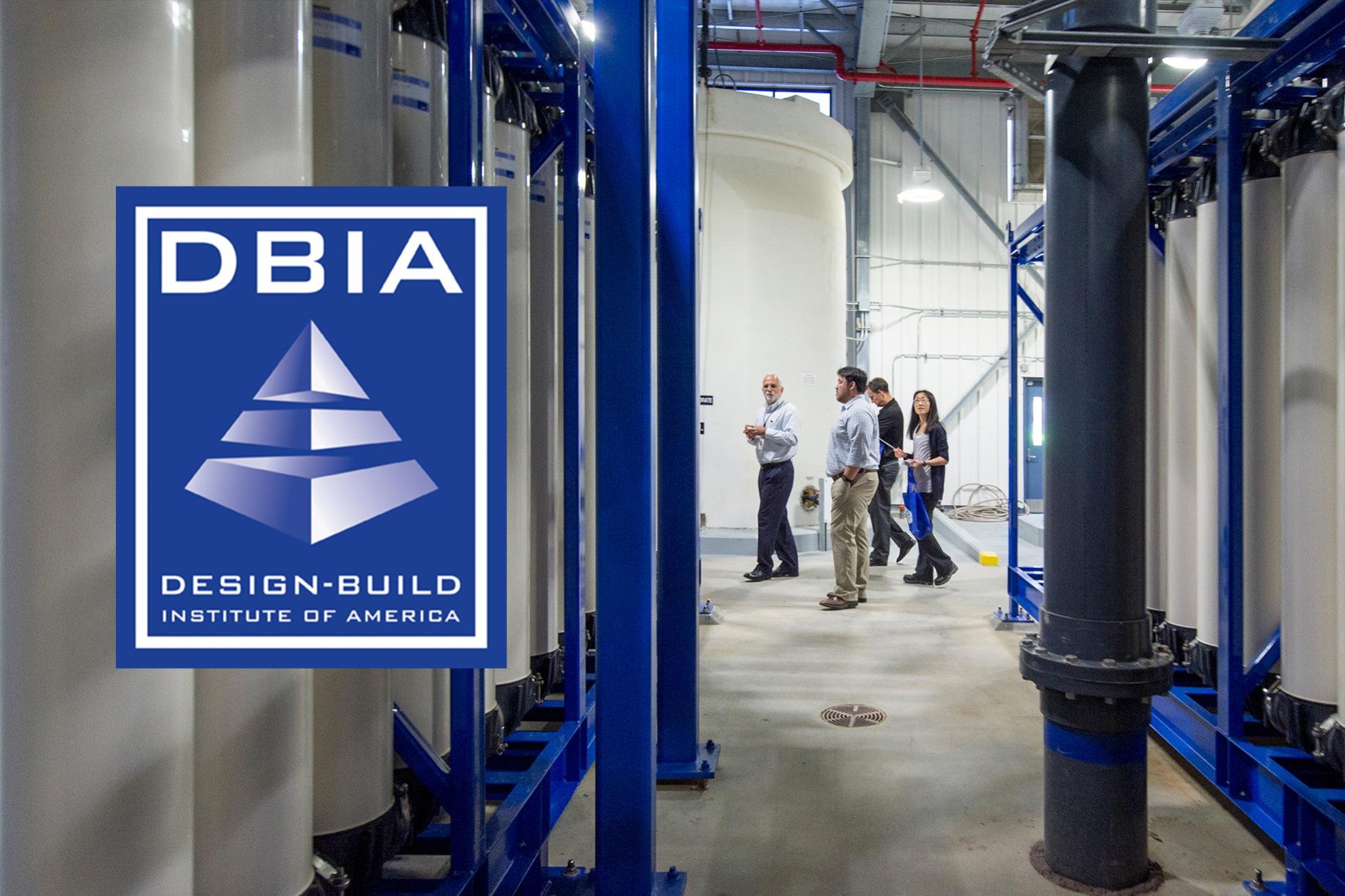 Design-Build Institute of America logo; People touring the Montevina Water Treatment Plant