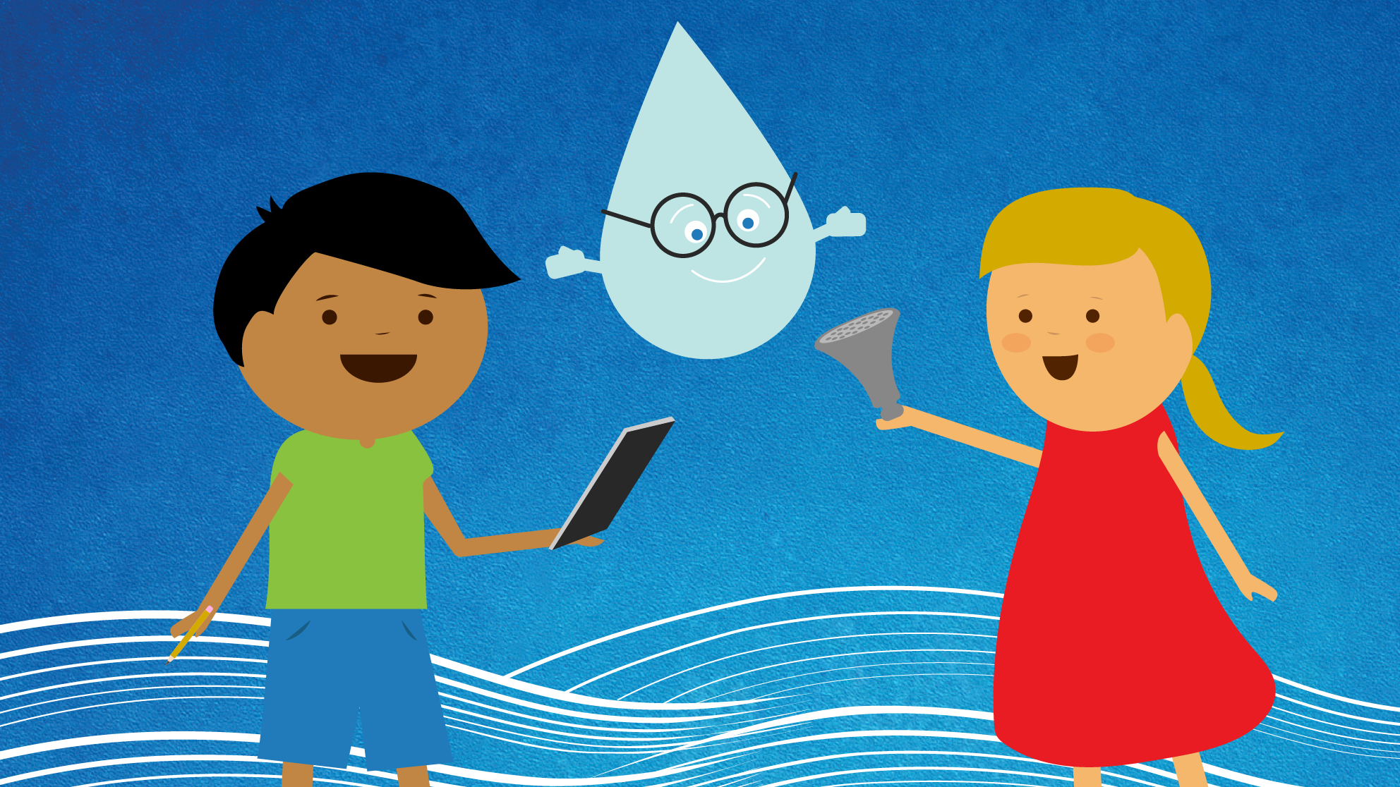 Cartoon of children and water drop in glasses