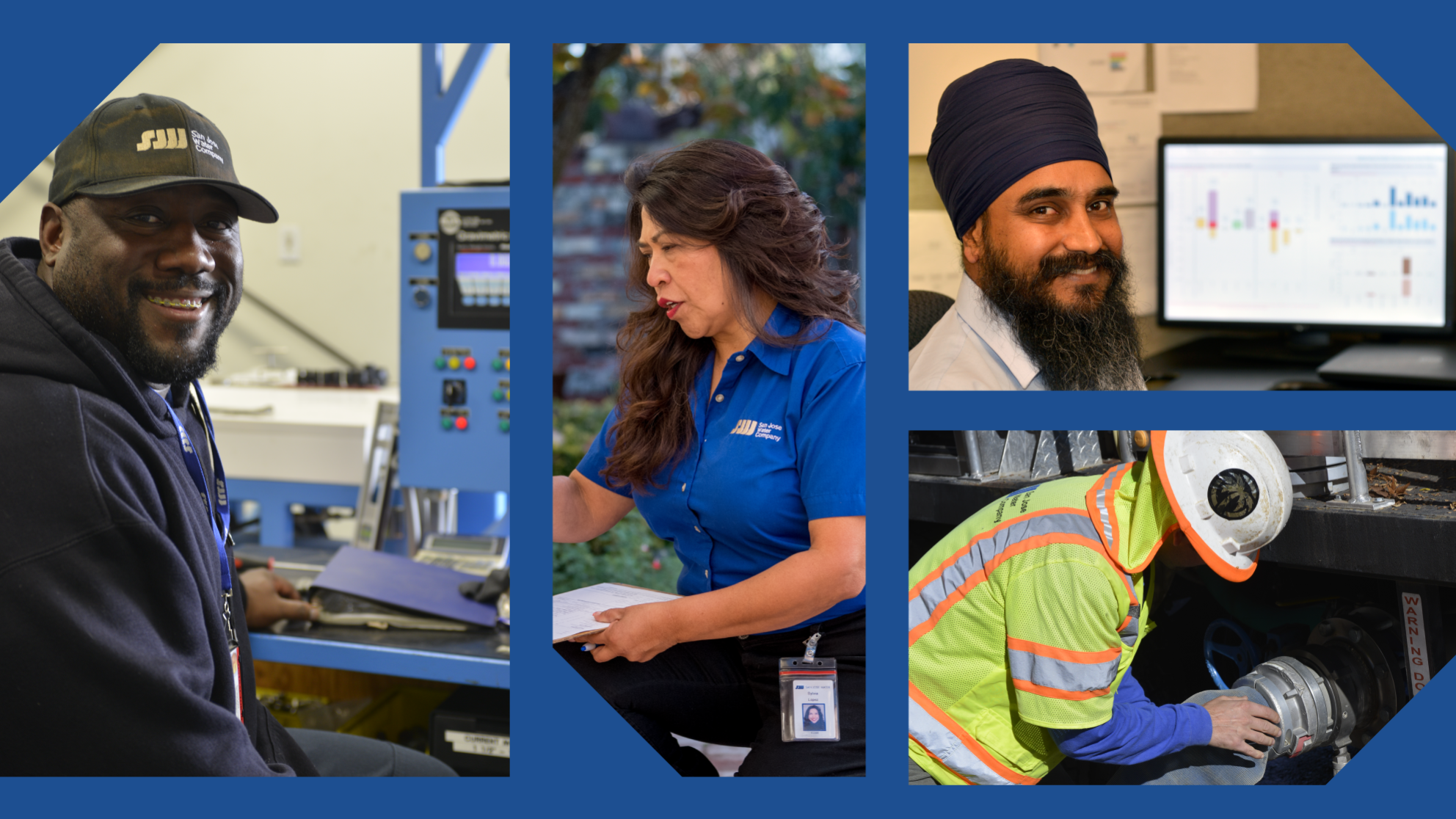Collage of San Jose Water employees smiling while on the job.