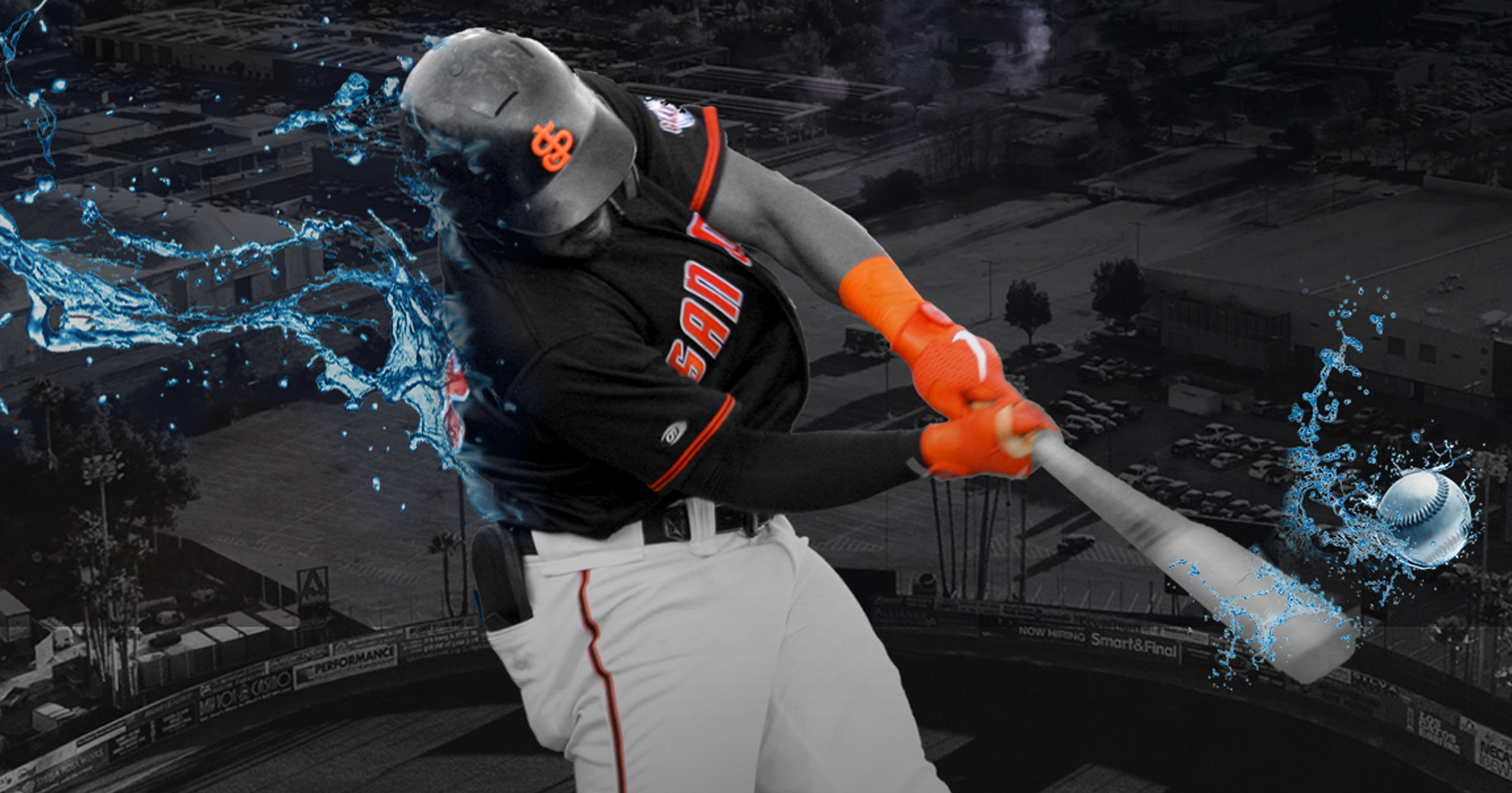 A SF Giants player hitting a baseball with a bat with a water splash effect.