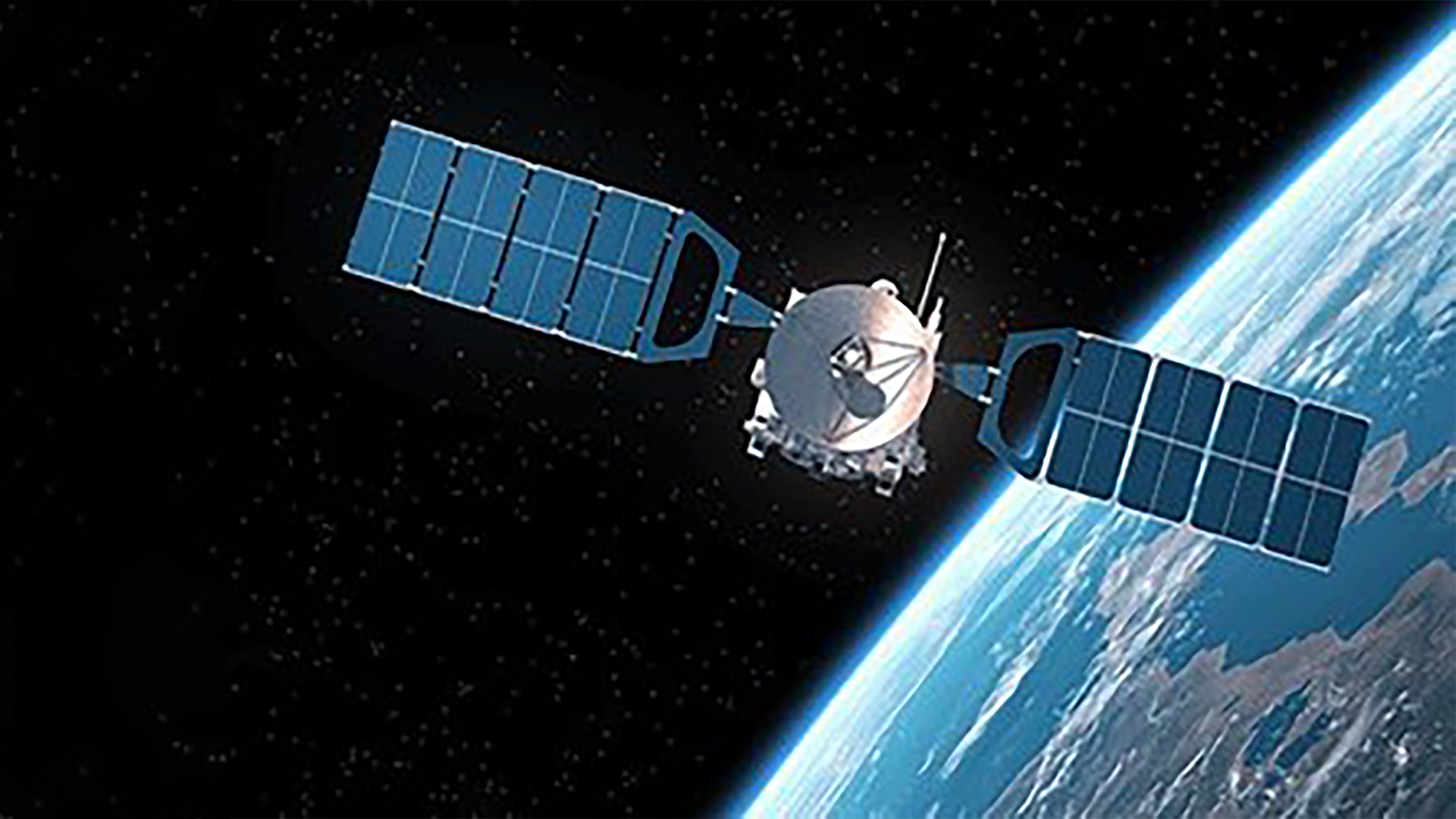 A graphic showing a satellite floating in space in Earth's orbit