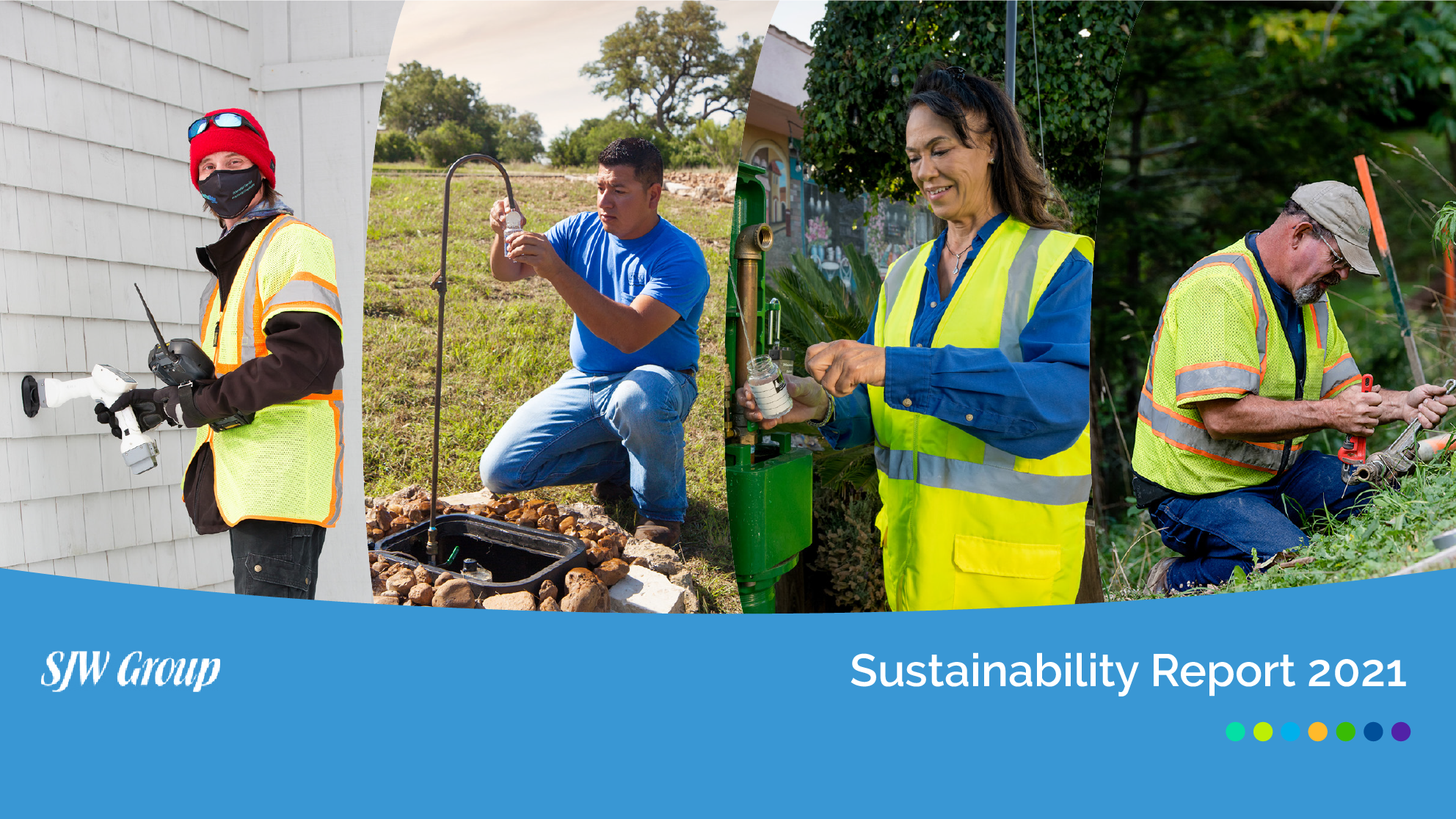Cover image of Sustainability Report with 4 images of employees at SJW Group