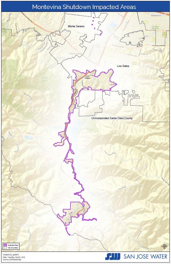 Map showing shutdown area of Montevina WTP including Los Gatos and mountain communities