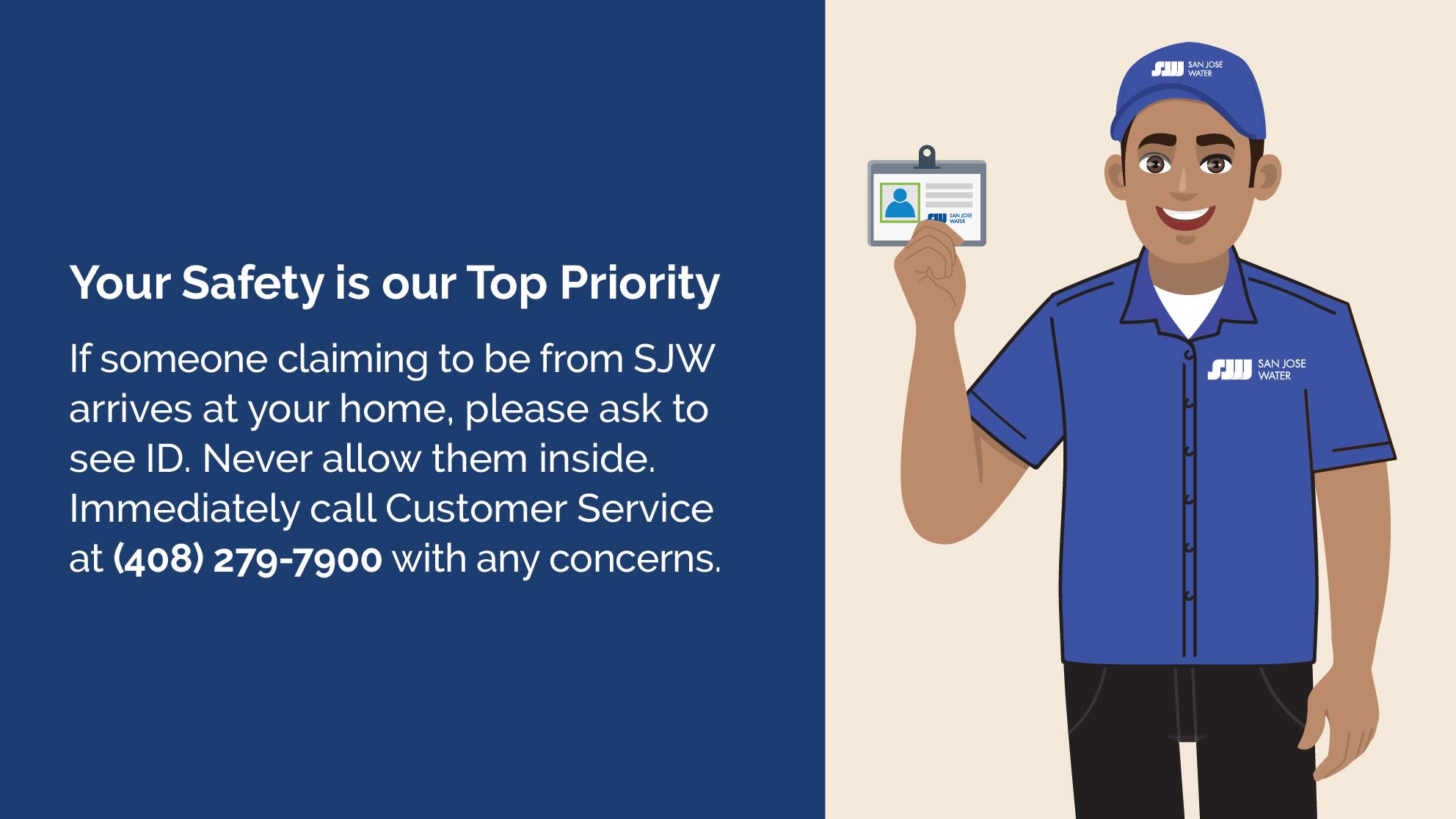 Your Safety is our Top Priority graphic showing SJW employee holding a badge