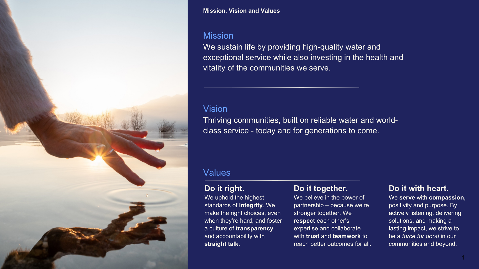 graphic showing SJW Mission, Vision and Values statements