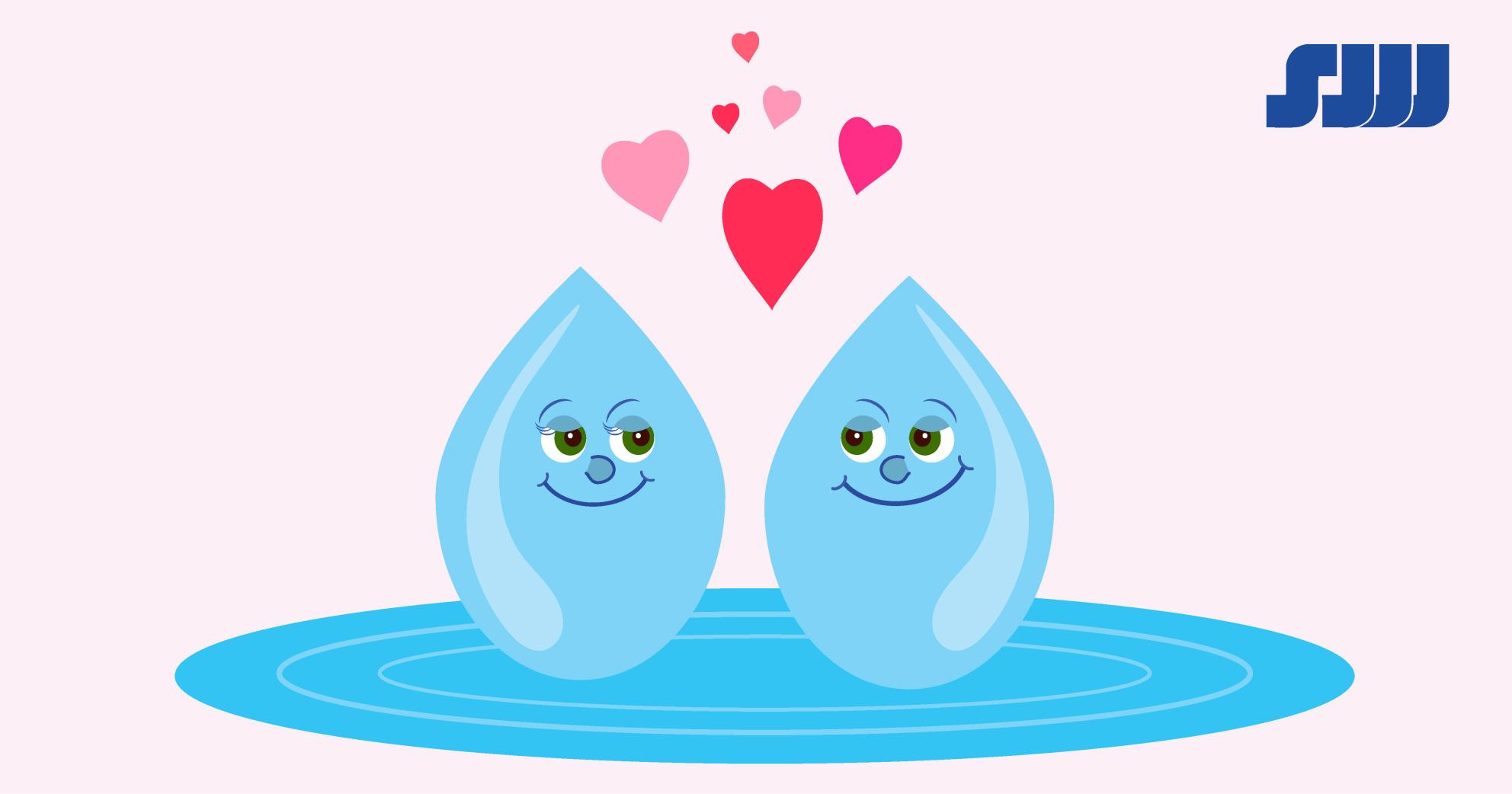 Cartoon image of two smiling water drops looking at each other with hearts rising between them