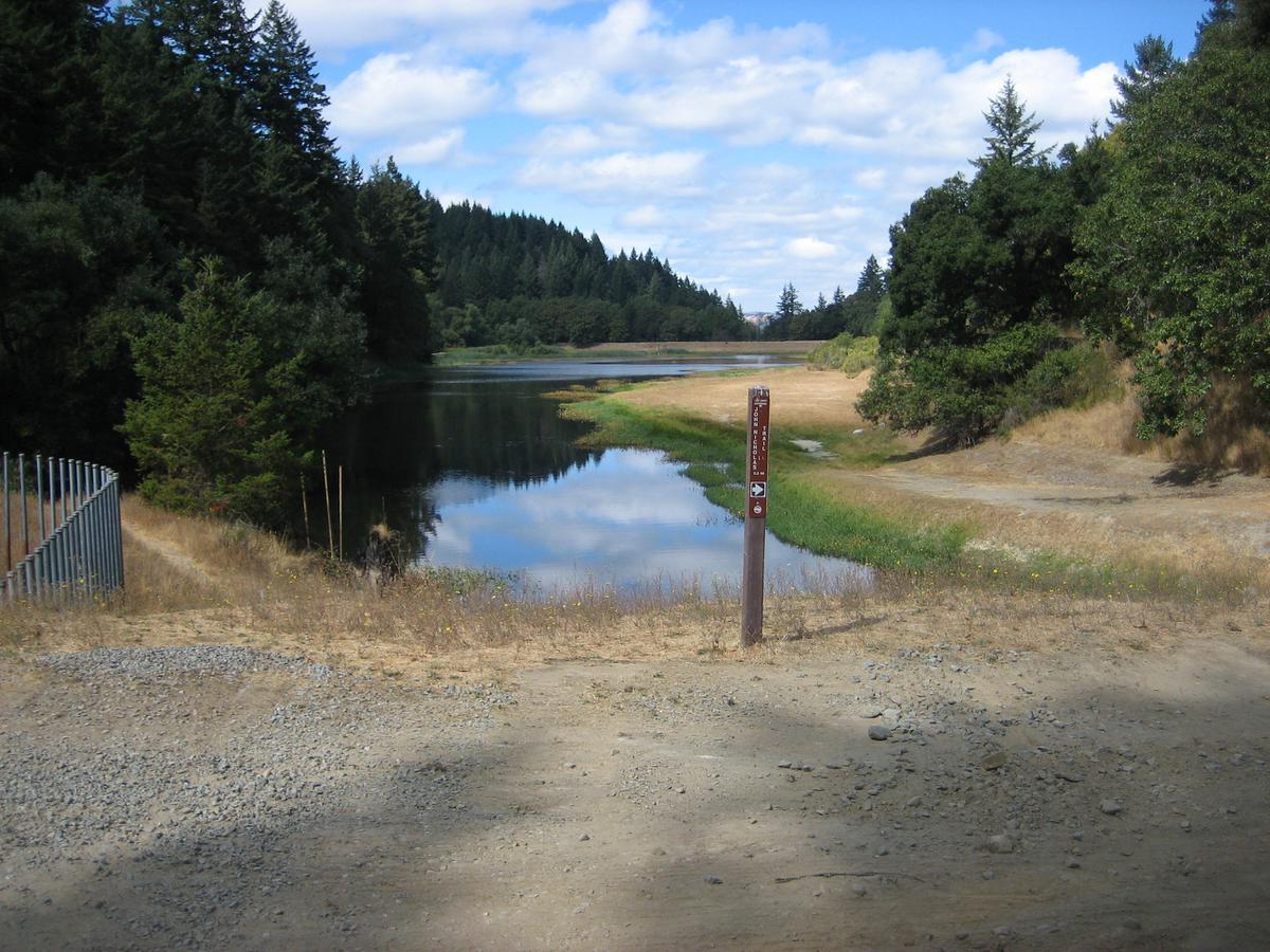 Small lake surrounded by trees with a trail post in the foreground